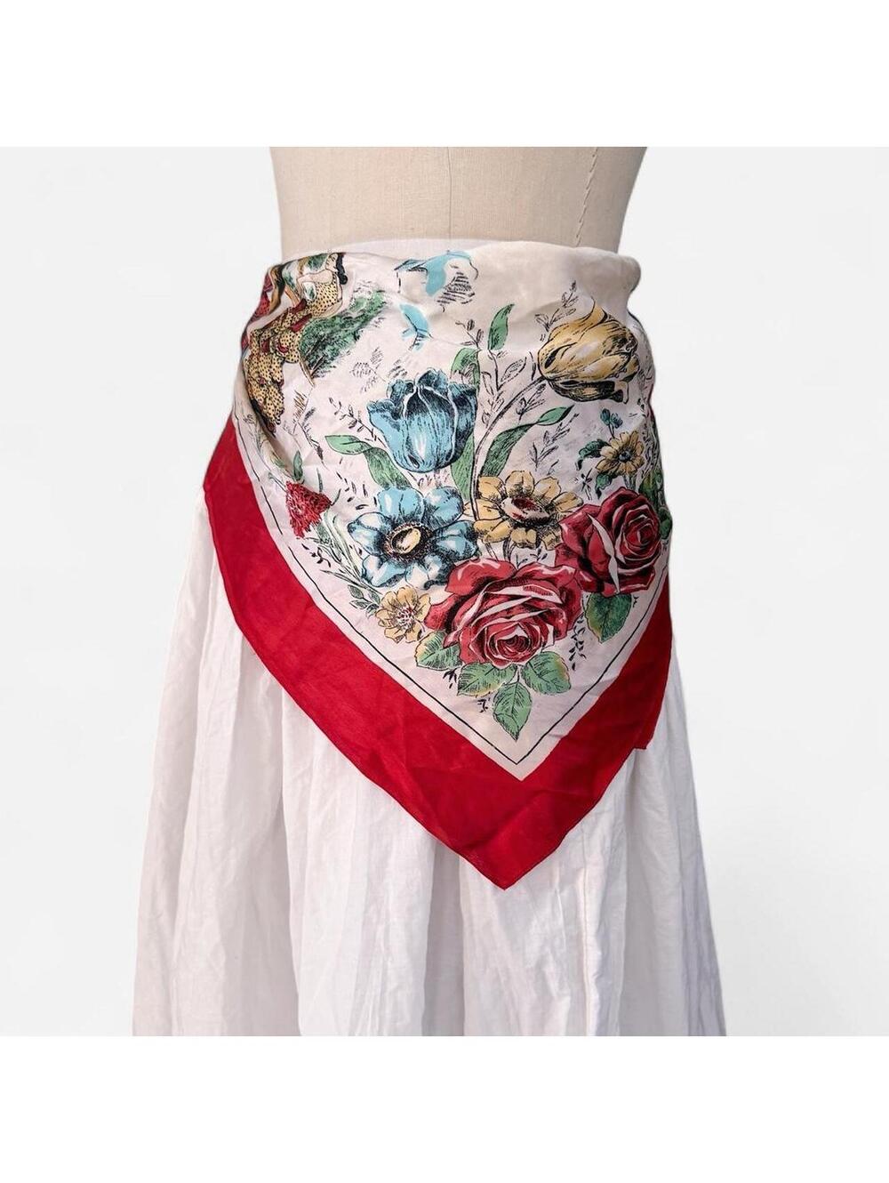 Vintage Satin Scarf Recuerdo de Espana Flamenco Print Red Border